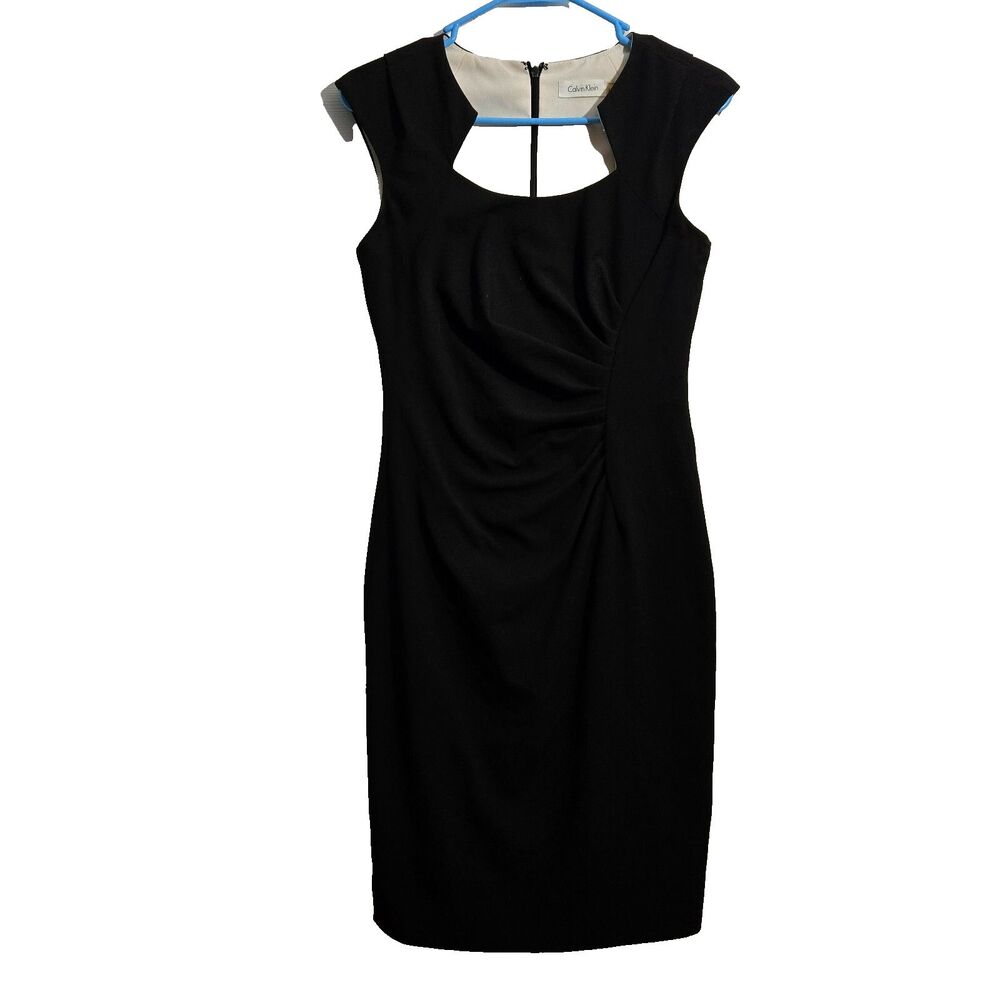 Calvin Klein Women 2 Black Professional Square Neck Bodycon Midi Ruched Dress